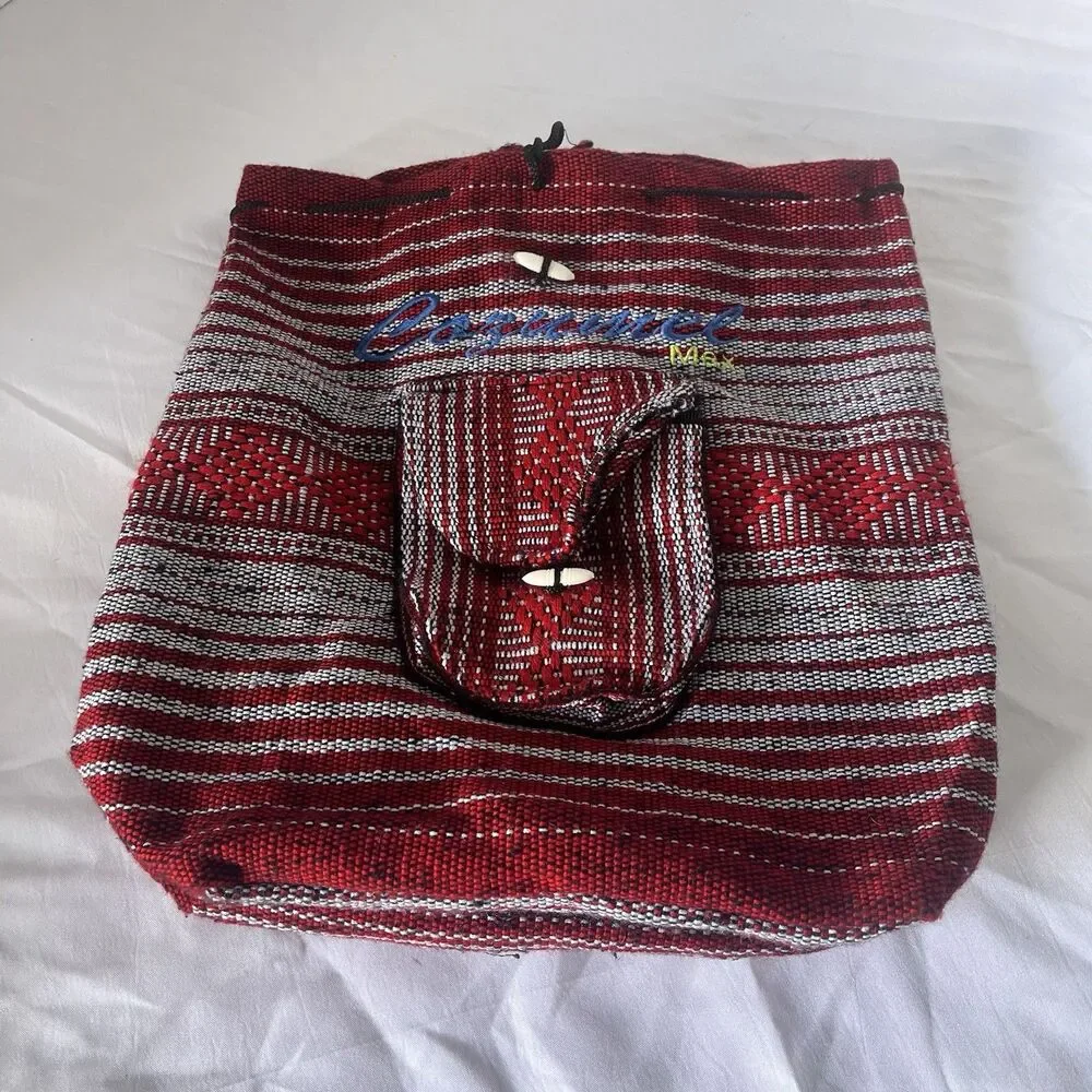 Backpack Cozumel LA CASA DEL SARAPE Red Gray Baja Mexican Knit Drawstring